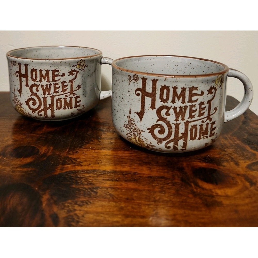 2 Vintage 1970s "Home Sweet Home" Speckled Stoneware Soup Mugs Made in Japan